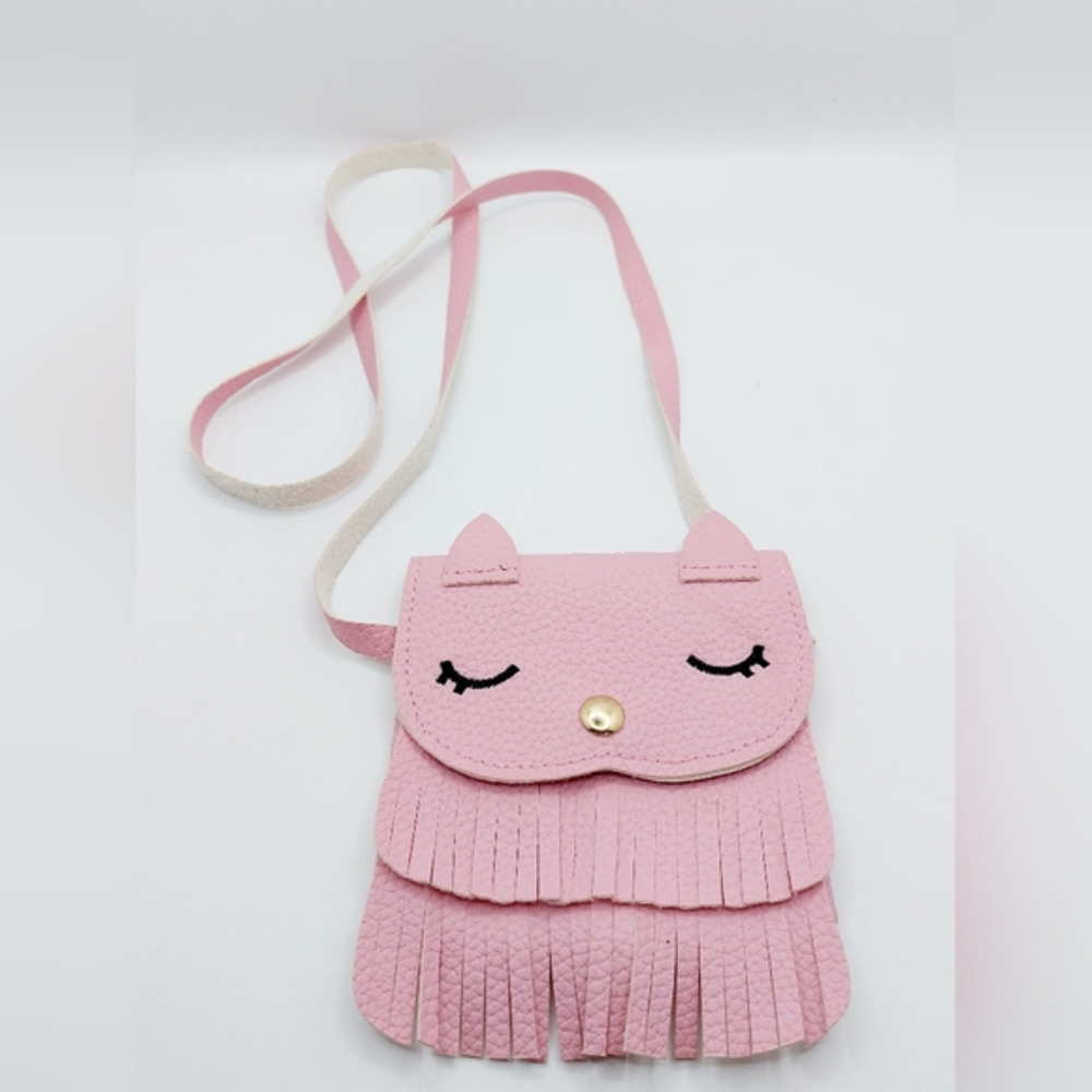 Childs faux leather fringed cross body purse Pink Owl‎ Purse Kids